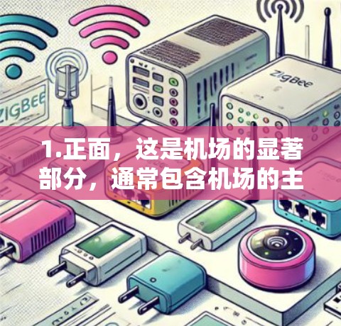 1.正面，这是机场的显著部分，通常包含机场的主入口、航站楼、起飞和降落机台、机场标志等